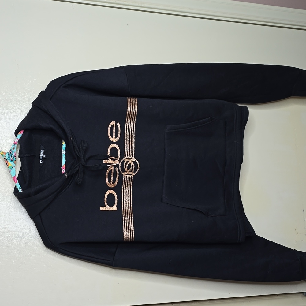 Bebe Sport Black with Gold Glittered Lettering Cropped Hoodie Size M